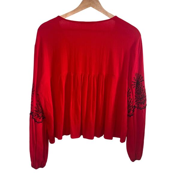 Mi Ami Red Boho Blouse XL Black Embroidered Sleeve Detail - Picture 3 of 5